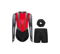 RUNQHUI Ragazza 3 Pezzi Set da Ginnastica Body Manica Lunga con Pantaloncini e Fascia Tenuta Ginnastica Strass Metallico, nero rosso, 5-6 Anni