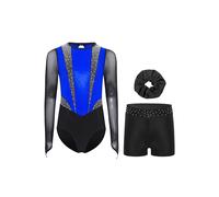 RUNQHUI Ragazza 3 Pezzi Set da Ginnastica Body Manica Lunga con Pantaloncini e Fascia Tenuta Ginnastica Strass Metallico, Blu Nero, 15-16 anni