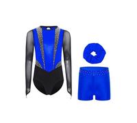 RUNQHUI Ragazza 3 Pezzi Set da Ginnastica Body Manica Lunga con Pantaloncini e Fascia Tenuta Ginnastica Strass Metallico, blu, 13-14 Anni