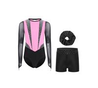 RUNQHUI Ragazza 3 Pezzi Set da Ginnastica Body Manica Lunga con Pantaloncini e Fascia Tenuta Ginnastica Strass Metallico, Nero rosa, 7-8 Anni