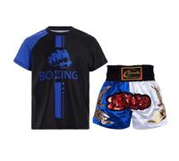 RUNQHUI Set da boxe per bambini, abbigliamento sportivo, da boxe, combattimento, top e pantaloncini Muay Thai MMA Kick Boxing Allenamento, Bianco/Blu, 7-8 Anni
