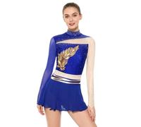 RUNQHUI Vestito da pattinaggio artistico, da donna, vestito da pattinaggio sul ghiaccio, con strass, con paillette, a maniche lunghe, abito da ballo, blu royal, L