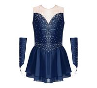 RUNQHUI Vestito Pattinaggio Artistico Ragazza Body Danza Strass con Polsini Vestito Concorso Spettacolo, Blu marino, 7-8 Anni