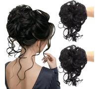 RUNRAYAY 2 Confezioni Parrucca per Chignon Disordinato per Donne, Acconciatura Scomposta con Ciocche Libere, Extension per Chignon e Coda di Cavallo Ondulata, Elastico Folto per Capelli Donne - Nero