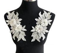 RUNRAYAY 2 pezzi di applicazioni in pizzo floreale 3D con perle bianche, toppe ricamate da cucire e stirare, floreali Toppe con motivo in tessuto per colletto di abiti da sposa