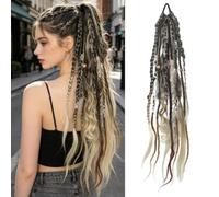 RUNRAYAY 24" Estensione Boho intrecciata coda di cavallo intrecciata a mano con elastico per capelli, H, perline vichinghe Dreadlock Estensioni per capelli coda di cavallo Parrucchino sintetico natura