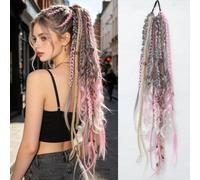 RUNRAYAY 24" Estensione coda di cavallo intrecciata Boho intrecciata a mano con elastico per capelli, F, perline Dreadlock vichinghi Estensioni per capelli coda di cavallo Parrucchino sintetico natura