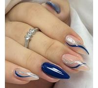 RUNRAYAY 24 Pezzi Blu Press on Nails, Unghie Finte Corte a Mandorla dal Design Linea, Kit per Unghie Riutilizzabile con Linguette Adesive Mini Lima per Unghie, Press On per Unghie