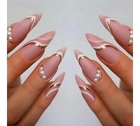 RUNRAYAY 24 Pezzi Rosa Swirl Press On Nails Long Bara, Nude Wave Ballerina Unghie Finte con Perla, Unghie Finte Acriliche per Donne e Ragazze