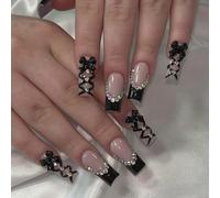 RUNRAYAY 24 pezzi, unghie finte quadrate a pressione, punta francese, unghie finte con strass, glitter, ciondoli per unghie di lusso, artigianato, unghie adesive per donna