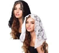 RUNRAYAY 2Pcs Short Catholic Chapel Veil, Traditional Floral Lace Mantilla Veils for Church Latin Mass Head Covering White Black Veils for Bridal Women, Style 4