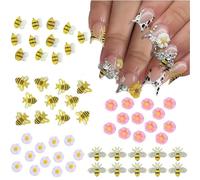 RUNRAYAY 50 pezzi, ciondoli per nail art a forma di ape, resina, margherita, fiore, gemme per unghie, lega d'oro 3D, api, gioielli per unghie, primavera estate, margherita, girasole, strass per unghie