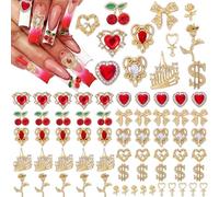 RUNRAYAY 60 pezzi di ciondoli per unghie Y2K in lega, ciondoli con strass per nail art, ciondoli 3D a forma di cuore e stella, gemme per unghie a ciliegia, gioielli lucidi, decorazioni