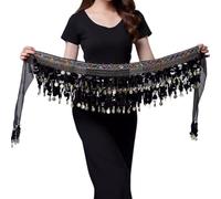 RUNRAYAY Cintura con catena per danza del ventre con monete nere, cintura per danza del ventre con monete, cintura per gonna da ballo, accessorio per costume di Halloween per donna