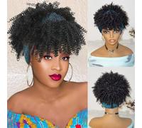 RUNRAYAY Drawstring Ponytail for Black Women with Headband Attached, Afro Puff Kinky Curly Hair Ponytail Extension with Bangs Updo Natural Hair Ponytail, D