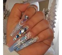 RUNRAYAY Extra Long Square Press on Nails, Christmas blue snowflake Press On Nails French, Fake Nails Full Cover for Women 24PCS