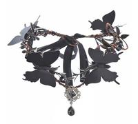 RUNRAYAY Fascia per capelli da elfo con farfalla, copricapo floreale nero fatto a mano, corona da fata per donna, rinascimento, cosplay, servizio fotografico, A