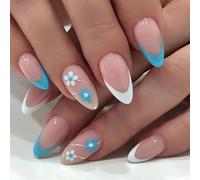 RUNRAYAY French Tip Press su unghie Mandorla, Press su unghie corte con fiore bianco e blu, Estremamente aderente e Stick naturale sulle unghie