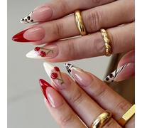 RUNRAYAY French Tip Press su Unghie Mandorla, Presse per Unghie Medie con Design a Ciliegia, Unghie Stick per Regalo da Donna, Stick Lucido Estremamente Adattabile sulle Unghie