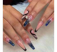 RUNRAYAY Nude Press on Nails con Paillettes, Blu Bara Unghie Finte Lunghe Acrilico Gradiente Unghie Finte, Copertura Completa in Marmo Stick sulle Unghie per Donne Ragazze