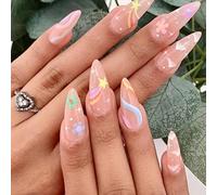 RUNRAYAY Nude Rainbow Press on Nails Medium con design a nuvole, Unghie finte per donne Ragazze, Pink Nails Press on Full Cover Nails Tips per Salone Primavera Estate
