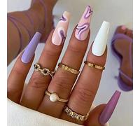RUNRAYAY Onde Viola Premere a Lungo sulle Unghie, Unghie Finte Coffin Unghie Finte Opache, Colla sulle Unghie Acrilico con Design Copertura Completa Punte Francesi per Donne Ragazze