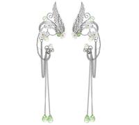 RUNRAYAY Orecchini a polsino da elfo, ali di cristallo verde, orecchini a polsino da fata elfica fatti a mano in argento, orecchini da sposa, orecchini da sposa non forati per orecchie non forate