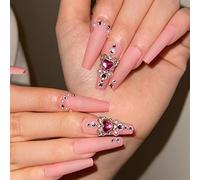 RUNRAYAY Rosa Premere sulle Unghie Lunghe con Gemme di Perle e Unghie, Punte per Unghie Colla per Unghie Unghie Finte per Donne Acrilico Copertura Completa Unghie da bara 24 Pezzi Kit per Nail Art