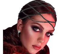RUNRAYAY RUNRAYAY, catenina per capelli con strass in rete, stile anni '20, danza del ventre, catenina per capelli flapper con cristalli, accessori per capelli da sposa - Nero
