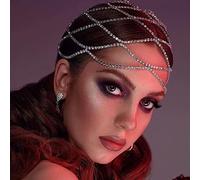 RUNRAYAY Strass Mesh Headpiece Cap, argento ruggente 1920S danza del ventre cristallo Flapper testa catena nuziale partito capelli accessori per le donne Costume Party