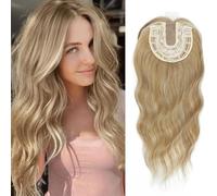 RUNRAYAY Topper per capelli per donne con capelli diradati, frangia sintetica riccia ondulata a 360°, riga laterale, clip in 3D, 50 cm (dorato H22/88#)
