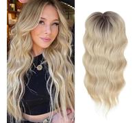 RUNRAYAY Topper per capelli per donne con capelli diradati, frangia sintetica riccia ondulata a 360°, riga laterale, clip in 3D, 50 cm (sfumatura oro R6/22/60#)