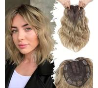 RUNRAYAY Topper per capelli ricci, 30 cm, topper per capelli da donna, base size, per donne con capelli diradati, ondulati, clip in, biondo cenere sfumato (R6/18#)
