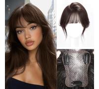 RUNRAYAY Toppers per capelli per donne vere capelli umani, 360 ° 3d senza scoppi estensioni per capelli con frangetta francese, copre capelli sparsi, stile marrone 2