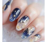 RUNRAYAY Unghie finte a forma di mandorla, cielo stellato blu, kit unghie riutilizzabile con linguette adesive, mini lima per unghie, 24 pezzi, regalo per donne e ragazze