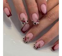 RUNRAYAY Unghie finte adesive quadrate leopardate, unghie finte adesive con disegni a ciliegia, copertura completa, unghie finte acriliche lucide, carine e carine per donne e ragazze