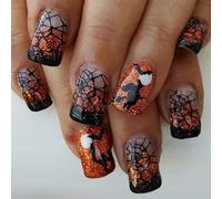 RUNRAYAY Unghie finte flash di Halloween con motivo a ragnatela di strega, unghie corte e rotonde, unghie finte adesive riutilizzabili copertura totale per manicure da donna, 24 pezzi