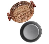 RUNROTOO 1 set di piatti da bistecca in ghisa con supporto in vimini, piatto rotondo antiaderente da 30 cm per servire cibi caldi, contenitore termico da forno a tavola per ristoranti e casa