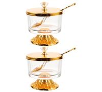 RUNROTOO 2 barattoli in vetro per condimenti con coperchio e cucchiaio - Contenitore per zucchero in ferro battuto a righe in vetro per piano cucina, dispensa, bar