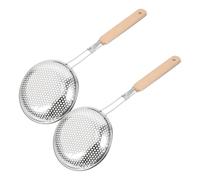 RUNROTOO Colino per Olio in Acciaio Inox Spesso con Manico in Legno 14 Cm, Set 2 Pezzi Cucchiaio Scolapasta a Fori Rotondi per Filtraggio Grasso e Raccolta Noodles, Utensile Cucina
