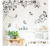 Runtoo Adesivi Murali Fiori Bianco e Nero Adesivi da Parete Foglie di Vite Farfalla Floreale Decorazioni Muro Soggiorno Cameretta Bimba Bambini Camera da Letto