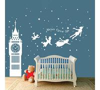 Runtoo Adesivi Murali Peter Pan Bianco Adesivi da Parete Citazioni Orologio Decorazioni Muro Camerette Neonato Bimba Ragazzi Camera da Letto