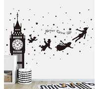 Runtoo Adesivi Murali Peter Pan Big Ben Adesivi da Parete Scritte Nero Decorazioni Muro Bambini Camera da Letto Soggiorno