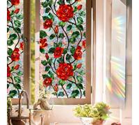 Runtoo Decalcomanie per finestre con rose rosse arcobaleno 3D decorative in vinile per vetri, non adesivo, adesivo statico, 40 x 101,6 cm