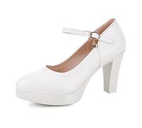 Runxingfu Tacchi Grossi per Donne 8CM Signore Pu Cinturino alla Caviglia Piattaforma Pompa Punta Tonda Scarpe Corte Abito da Sera Tacchi Alti Tacco Largo Mary Jane (Taglia Troppo Piccola)