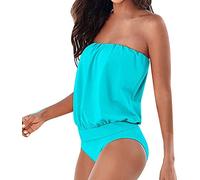 Runyue Donna Costumi da Bagno Intero Elegante Bodysuit Tinta Unita Vita Alta Pantaloni Costume Intero Beachwear Azzurro L