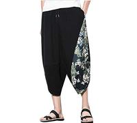 Runyue Uomo Estate Capri Pantaloni Lino con Motivo Aladdin Etnici Stile Giapponese Pantaloncini da Spiaggia a Gamba Larga Nero Qing M