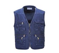 Runyue Uomo Gilet Jeans Multitasche di Grandi Dimensioni per Reporter Caccia Pesca Fotografi Smanicato Vest Gilet Blu 2XL