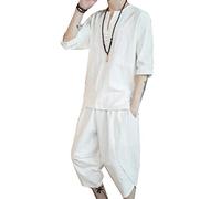 Runyue Uomo Taglia Larga Stile Giapponese Manica Corta T-Shirt in Lino + Pantaloni Tuta Sportiva Bianco L