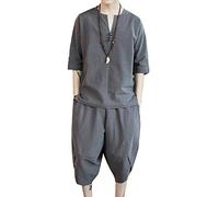 Runyue Uomo Taglia Larga Stile Giapponese Manica Corta T-Shirt in Lino + Pantaloni Tuta Sportiva Buio Grey M